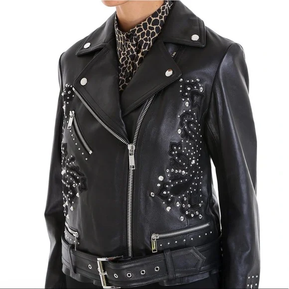 Like New MICHAEL Michael Kors Studdded Belt Biker Jacket 100% Real Lamb Leather - Picture 2 of 14